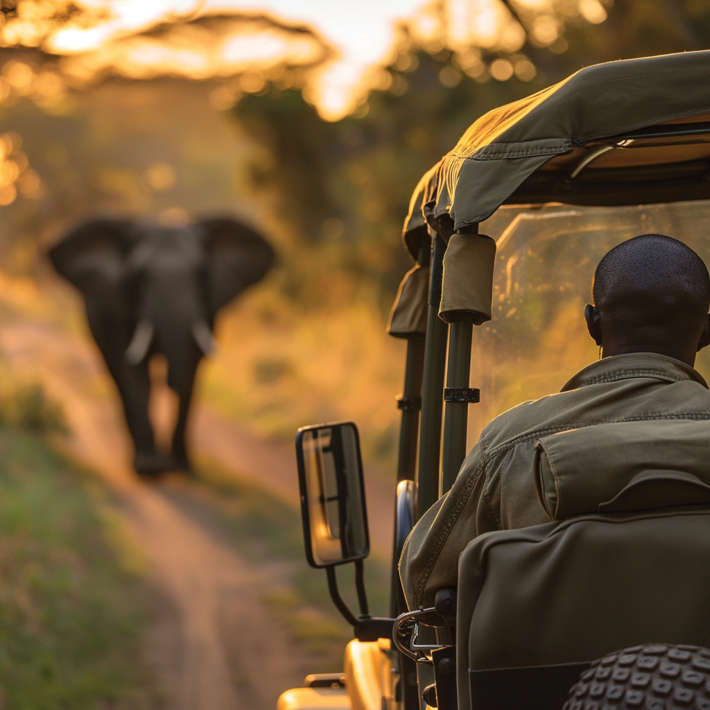 A safari guide in a vehicle, observing a wild elephant during an evening game drive in an African savanna.